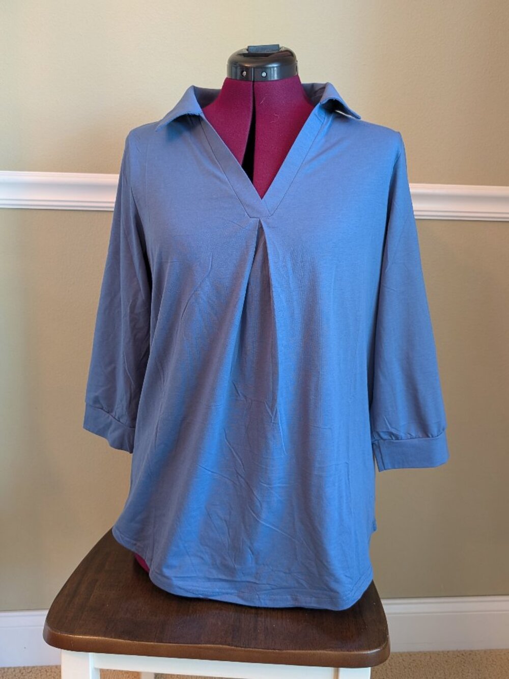 Women's Collared V Neck 3/4 Sleeve Business Casual Tops - Dusty Blue